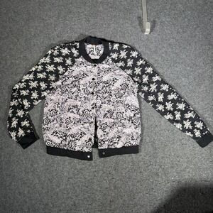 Free People Mixed Floral Paisley Bomber Jacket Black White Snap Front Womens M